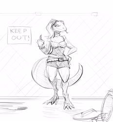 Size: 2786x3000 | Tagged: safe, artist:nezaridraws, oc, oc only, lizard, monitor lizard, reptile, anthro, digitigrade anthro, belt, bottomwear, choker, clothes, female, hand on hip, high res, line art, middle finger, monochrome, shorts, sign, solo, solo female, tail, tongue, tongue out, vulgar
