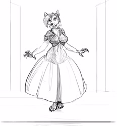 Size: 2786x3000 | Tagged: safe, artist:nezaridraws, oc, oc only, canine, mammal, wolf, anthro, digitigrade anthro, clothes, dress, female, high res, line art, monochrome, solo, solo female