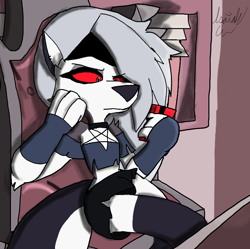 Size: 800x797 | Tagged: safe, artist:isaiahtse, loona (vivzmind), canine, fictional species, hellhound, mammal, anthro, hazbin hotel, helluva boss, clothes, crop top, female, fur, gray hair, hair, solo, solo female, topwear, watermark, white body, white fur