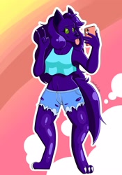 Size: 1750x2500 | Tagged: safe, artist:dimisdumb, oc, oc only, oc:maya (isaiahtse), canine, fictional species, mammal, werewolf, anthro, abstract background, bottomwear, breasts, clothes, female, fluff, fur, green eyes, hair, looking at something, purple body, purple fur, purple hair, standing, tail, tongue, tongue out, topwear