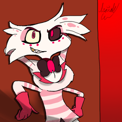Size: 900x900 | Tagged: safe, artist:isaiahtse, angel dust (hazbin hotel), arachnid, arthropod, demon, fictional species, spider, undead, anthro, hazbin hotel, body markings, bow, bow tie, chest fluff, clothes, colored sclera, femboy, fluff, fur, hell, jumping spider, looking at you, male, multiple arms, pink eyes, sinner demon, smiling, solo, solo male, watermark
