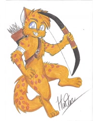 Size: 987x1280 | Tagged: safe, artist:sdark391, oc, oc only, big cat, feline, leopard, mammal, anthro, digitigrade anthro, arrow, blue eyes, bow (weapon), looking at you, male, quiver, smiling, solo, solo male, weapon