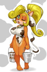 Size: 1521x2299 | Tagged: suggestive, artist:lewdstorageroom, coco bandicoot (crash bandicoot), bandicoot, mammal, marsupial, anthro, plantigrade anthro, cc by-nc, crash bandicoot (series), creative commons, barefoot, big breasts, breasts, brown outline, bucket, cameltoe, clothes, cow print, eyebrow through hair, eyebrows, eyelashes, female, fur, green eyes, hair, holding object, leotard, looking at you, nipple outline, one eye closed, orange body, orange fur, pigeon toed, ponytail, solo, solo female, tan body, tan fur, white outline, yellow hair
