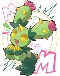 Size: 1077x1354 | Tagged: safe, artist:mien-soup, animate plant, fictional species, maractus, semi-anthro, nintendo, pokémon, ambiguous gender, cactus, cute, flower, looking at you, open mouth, simple background, solo, solo ambiguous, tail, thorns, tongue, white background