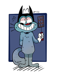 Size: 1500x2000 | Tagged: safe, artist:happydile, oggy (oatc), cat, feline, mammal, anthro, oggy and the cockroaches, xilam, grin, holding object, male, shrunken pupils, simple background, smiling, solo, solo male, sweat, tail, transparent background