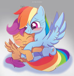 Size: 1024x1049 | Tagged: safe, artist:nnaly, rainbow dash (mlp), scootaloo (mlp), equine, fictional species, mammal, pegasus, pony, feral, friendship is magic, hasbro, my little pony, 2021, duo, duo female, eyes closed, feathered wings, feathers, female, females only, filly, foal, hug, mare, smiling, tail, wings, young