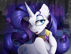 Size: 2224x1668 | Tagged: safe, artist:mychelle, rarity (mlp), equine, fictional species, mammal, pony, unicorn, feral, friendship is magic, hasbro, my little pony, 2021, eyeshadow, female, hair, horn, jewelry, lidded eyes, makeup, mane, mare, necklace, purple hair, purple mane, purple tail, smiling, solo, solo female, tail