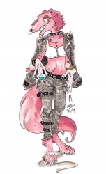 Size: 1249x2048 | Tagged: safe, artist:hr_bananabird, oc, oc only, canine, dog, mammal, anthro, digitigrade anthro, alcohol, bottomwear, bra, choker, clothes, drink, female, jacket, lidded eyes, looking at you, martini glass, midriff, pants, smiling, solo, solo female, spiked choker, topwear, underwear, yellow eyes