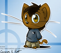 Size: 750x650 | Tagged: safe, artist:t-kay, oc, oc only, cat, feline, mammal, anthro, bottomwear, brown eyes, chibi, clothes, frowning, looking at you, male, pants, shirt, solo, solo male, topwear