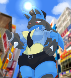 Size: 1400x1542 | Tagged: suggestive, artist:acstlu, fictional species, lucario, mammal, anthro, nintendo, pokémon, belt, big breasts, big ears, black body, black fur, black nose, blue body, blue fur, bottomwear, breasts, clothes, day, ears, eyelashes, female, fur, gritted teeth, handcuffs, looking down, low angle, multicolored fur, necktie, nipple outline, no pupils, paw on hip, paws, pokémorph, police, police uniform, red eyes, shackles, smirk, solo, solo female, standing, sun, sunlight, teeth, topwear, yellow body, yellow fur