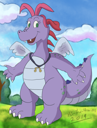 Size: 920x1215 | Tagged: safe, artist:birtinathecatdragon, wheezie (dragon tales), dragon, fictional species, western dragon, semi-anthro, dragon tales, pbs, cute, dragoness, female, front view, looking at you, purple body, solo, solo female, three-quarter view