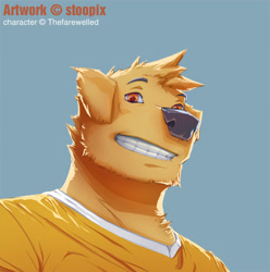 Size: 674x679 | Tagged: safe, artist:stoopix, oc, oc only, canine, dog, mammal, anthro, clothes, grin, looking at you, looking down, male, orange eyes, shirt, smiling, solo, solo male, topwear