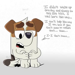 Size: 1200x1200 | Tagged: safe, artist:inklingbear, jack russell (bluey), canine, dog, jack russell terrier, mammal, terrier, semi-anthro, bluey (series), 2d, attention deficit hyperactivity disorder, crying, dialogue, english text, floppy ears, gradient background, male, on model, sad, solo, solo male, talking, text