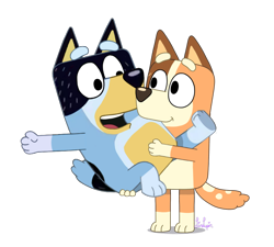 Size: 982x885 | Tagged: safe, artist:linlupin, bandit heeler (bluey), chilli heeler (bluey), australian cattle dog, canine, dog, mammal, semi-anthro, bluey (series), bridal carry, canon ship, carrying, couple, duo, female, husband, husband and wife, male, mature, mature female, mature male, on model, open mouth, shipping, simple background, transparent background, wife