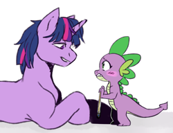 Size: 1956x1504 | Tagged: safe, artist:tigra0118, spike (mlp), twilight sparkle (mlp), dragon, equine, fictional species, mammal, pony, unicorn, western dragon, feral, semi-anthro, friendship is magic, hasbro, my little pony, 2021, barb (mlp), blushing, dragoness, duo, dusk shine (mlp), female, horn, looking at each other, lying down, male, nervous, pencil, prone, rule 63, simple background, sitting, smiling, stallion, tail, white background