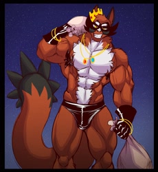 Size: 2302x2500 | Tagged: suggestive, artist:intimatewolf, fictional species, mammal, thievul, anthro, nintendo, pokémon, abs, armpit fluff, armpits, bag, belly button, biceps, bracelet, bulge, clothes, crown, digital art, ears, fangs, fluff, gloves, hair, high res, jewelry, looking at you, male, muscles, necklace, night, pecs, regalia, sharp teeth, smiling, smiling at you, solo, solo male, speedo, standing, tail, teeth, thighs