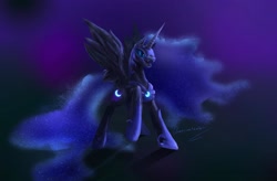 Size: 2450x1610 | Tagged: safe, artist:diamond_dickaxe, nightmare moon (mlp), alicorn, equine, fictional species, mammal, pony, feral, friendship is magic, hasbro, my little pony, 2021, armor, boots, clothes, ethereal mane, fangs, feathered wings, feathers, female, helmet, horn, mare, night, open mouth, peytral, sharp teeth, shoes, signature, solo, solo female, tail, teeth, wings