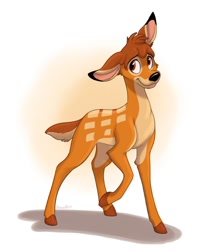 Size: 638x800 | Tagged: safe, artist:orlandofox, bambi (bambi), cervid, deer, mammal, feral, bambi (film), disney, 2d, black nose, brown body, brown fur, cheek fluff, cream belly, cute, ears, fawn, fluff, front view, fur, gradient background, head fluff, hooves, leg fluff, looking at you, male, shy, smiling, smiling at you, solo, solo male, tail, tail fluff, three-quarter view, ungulate, young