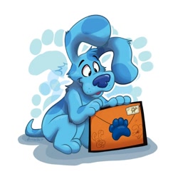 Size: 800x782 | Tagged: safe, artist:orlandofox, blue (blue's clues), canine, dog, mammal, feral, blue's clues, nickelodeon, 2d, blue body, blue fur, blue nose, ear fluff, ears, female, fluff, front view, fur, head fluff, leg fluff, letter, mail, shadow, shoulder fluff, signature, simple background, sitting, smiling, solo, solo female, spots, spotted body, spotted fur, tail, three-quarter view, white background