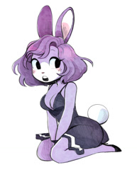 Size: 986x1280 | Tagged: safe, artist:peonybunny, lagomorph, mammal, rabbit, anthro, black eyes, blushing, breasts, cleavage, clothes, dress, female, fur, hair, kneeling, looking at you, pinup, purple body, purple fur, purple hair, shoes, simple background, solo, solo female, white background