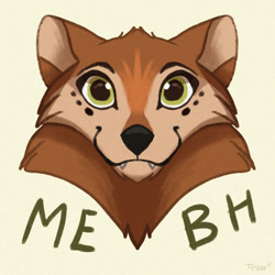 Size: 1024x1024 | Tagged: safe, artist:tayarinne, mebh mactire (wolfwalkers), canine, mammal, wolf, ambiguous form, cartoon saloon, wolfwalkers, 2d, brown body, brown fur, bust, cute, cute little fangs, fangs, female, fur, green eyes, looking at you, simple background, smiling, smiling at you, solo, solo female, teeth, yellow background