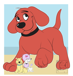 Size: 1724x1803 | Tagged: safe, artist:smol-spots, cleo (clifford), clifford (clifford), t-bone (clifford), canine, dog, mammal, poodle, feral, clifford the big red dog, pbs, black outline, double outline, female, fur, group, male, partially transparent background, purple body, purple fur, red body, red fur, transparent background, trio, white outline, yellow body, yellow fur