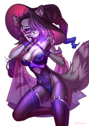 Size: 905x1280 | Tagged: suggestive, artist:cerbera, mammal, procyonid, raccoon, anthro, breasts, cleavage, clothes, female, fur, gray body, gray fur, gray hair, hair, hat, legwear, leotard, looking at you, pinup, purple eyes, simple background, smiling, solo, solo female, thigh highs, white background, witch, witch hat