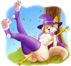 Size: 1280x1189 | Tagged: suggestive, artist:seleger, lyra (dungeon dogs), canine, dog, mammal, anthro, dungeon dogs, blue eyes, breasts, cape, chest fluff, clothes, eye through hair, female, fluff, fur, grass, hair, hat, legwear, magic staff, magic wand, outdoors, paw pads, paws, solo, solo female, strategically covered, thigh highs, toeless legwear, tree, underboob, underpaw, witch, witch hat, yellow body, yellow fur, yellow hair
