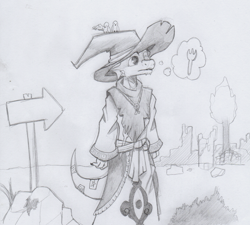 Size: 1614x1455 | Tagged: safe, artist:kuroneko, oc, oc:kereth, fictional species, kobold, reptile, anthro, clothes, grayscale, hat, male, monochrome, pencil drawing, raised tail, solo, solo male, tail, wizard, wizard hat