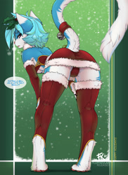 Size: 893x1225 | Tagged: suggestive, artist:fluff-kevlar, oc, oc only, oc:vika, cat, feline, mammal, anthro, 2020, bell, bent over, blue body, blue fur, blue hair, bottomwear, breasts, butt, christmas, clothes, costume, ear fluff, female, fluff, fur, gloves, hair, hair accessory, holiday, holly, leg warmers, legwear, looking at you, looking back, looking back at you, panties, presenting, purple eyes, santa costume, short skirt, skirt, solo, solo female, speech bubble, tail, tail fluff, tail wraps, teal hair, text, thigh highs, thighs, toeless legwear, tube top, underboob, underwear, upskirt, white body, white fur, wraps