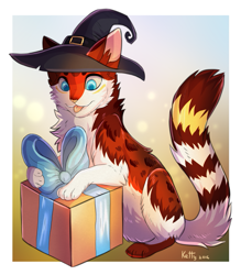 Size: 969x1107 | Tagged: safe, artist:ketty, oc, oc only, cat, feline, mammal, feral, 2016, bow, box, clothes, female, fluff, gift, hat, present, solo, solo female, tail, tail fluff, teal eyes, tongue, tongue out, witch hat