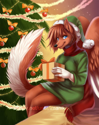 Size: 784x989 | Tagged: safe, artist:imanika, oc, oc only, canine, mammal, wolf, anthro, 2014, blue eyes, bow, christmas, christmas tree, clothes, conifer tree, elf hat, feathered wings, feathers, female, gift, holiday, looking at you, present, sitting, solo, solo female, spread wings, sweater, topwear, tree, wings