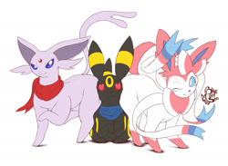 Size: 2100x1541 | Tagged: suggestive, artist:blue-paint-sea, oc, oc:cipher (merlow), oc:nova (merlow), oc:rose (merlow), eeveelution, espeon, fictional species, mammal, sylveon, umbreon, feral, nintendo, pokémon, bedroom eyes, between butts, booty sandwich, butt, butt bump, clothes, commission, dominant, dominant female, faceful of ass, female, group, heart, heart eyes, male, male/female, one eye closed, sandwiched, scarf, simple background, sitting, tail, trio, white background, wingding eyes, winking