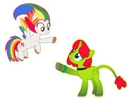 Size: 4500x3500 | Tagged: safe, artist:choisky13, oc, oc only, oc:irene iridium, oc:radiante radium, equine, fictional species, mammal, pegasus, pony, unicorn, feral, friendship is magic, hasbro, my little pony, base used, colored wings, duo, duo female, feathered wings, feathers, female, females only, glowing, glowing body, gradient wings, hair, high res, horn, leonine tail, looking at each other, mane, mare, multicolored hair, multicolored wings, radioactive, rainbow hair, rainbow mane, rainbow tail, rainbow wings, simple background, smiling, tail, transparent background, wings