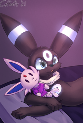 Size: 1091x1600 | Tagged: safe, artist:coffeefly, oc, oc:jasper (bgklonewolf), eeveelution, espeon, fictional species, mammal, umbreon, ambiguous form, nintendo, pokémon, ambiguous gender, bed, black body, black fur, blue eyes, clothes, cuddling, cute, fur, hug, lying down, lying on stomach, ocbetes, on bed, pillow, plushie, prone, scarf, shirt, smiling, solo, solo ambiguous, topwear