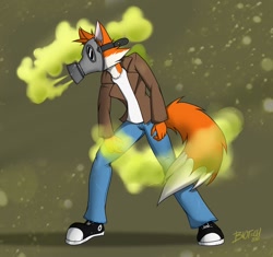 Size: 1280x1201 | Tagged: safe, artist:l-tech-e-coyote-l, oc, oc only, oc:dave brimstone, canine, fox, mammal, red fox, anthro, abstract background, chlorine, chlorine gas, clothes, gas mask, jeans, male, pants, periodic table, solo, solo male, tail