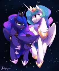 Size: 1472x1769 | Tagged: safe, artist:anticular, princess celestia (mlp), princess luna (mlp), alicorn, equine, fictional species, mammal, pony, feral, friendship is magic, hasbro, my little pony, 2021, blep, chest fluff, crown, duo, duo female, feathered wings, feathers, female, females only, fluff, hair, hooves, jewelry, looking at each other, mane, regalia, smiling, space, stars, tongue, tongue out, wings