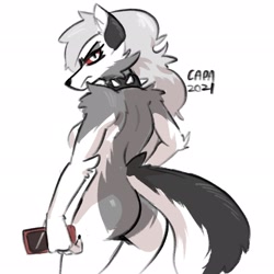 Size: 2048x2048 | Tagged: safe, artist:capaoculta, loona (vivzmind), canine, fictional species, hellhound, mammal, anthro, hazbin hotel, helluva boss, 2021, angry, breasts, butt, cell phone, choker, collar, colored sclera, digital art, female, frowning, fur, gray body, gray fur, gray hair, hair, high res, looking at you, looking back, multicolored body, multicolored fur, nudity, phone, rear view, red sclera, simple background, smartphone, solo, solo female, spiked choker, spiked collar, two toned body, two toned fur, white background, white body, white fur