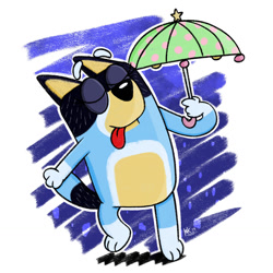Size: 1280x1280 | Tagged: safe, artist:inklingbear, bandit heeler (bluey), australian cattle dog, canine, dog, mammal, semi-anthro, bluey (series), abstract background, eyes closed, male, solo, solo male, tongue, tongue out, umbrella