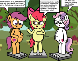 Size: 5723x4493 | Tagged: safe, artist:mrstheartist, apple bloom (mlp), scootaloo (mlp), sweetie belle (mlp), earth pony, equine, fictional species, mammal, pegasus, pony, unicorn, semi-anthro, friendship is magic, hasbro, my little pony, absurd resolution, belly, belly button, cutie mark crusaders (mlp), female, filly, foal, scales, slightly chubby, stomach bulge, stomach noise, swearing, vulgar, young