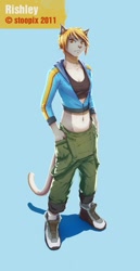 Size: 658x1280 | Tagged: safe, artist:stoopix, oc, oc only, cat, feline, mammal, anthro, plantigrade anthro, chest fluff, clothes, crop top, ear piercing, earring, female, fluff, jacket, looking at you, midriff, orange eyes, overalls, piercing, shoes, sneakers, solo, solo female, tank top, topwear