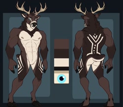 Size: 1280x1120 | Tagged: safe, artist:fcsimba, oc, oc only, oc:ashton (vantanifraye), cervid, deer, mammal, anthro, unguligrade anthro, 2017, abs, abstract background, areola, blue eyes, body markings, brown body, brown fur, brown hair, cloven hooves, color palette, complete nudity, cream body, cream fur, cream hair, dewclaw, digital art, featureless crotch, fluff, front view, fur, hair, hooves, looking at you, male, multicolored hair, muscles, neck fluff, nudity, pecs, rear view, reference sheet, solo, solo male, standing, two toned hair