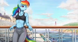 Size: 2500x1350 | Tagged: safe, artist:fidzfox, rainbow dash (mlp), equine, fictional species, mammal, pegasus, pony, anthro, friendship is magic, hasbro, my little pony, 2021, alternate hairstyle, anthrofied, athletic, belly button, bottomwear, breasts, clothes, cloud, female, hair, mare, midriff, pants, sexy, sky, solo, solo female, sports bra, tail, thigh gap, thighs, tight clothing, topwear, wide hips, yoga pants