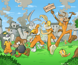 Size: 900x750 | Tagged: safe, artist:boskocomicartist, bugs bunny (looney tunes), daffy duck (looney tunes), foghorn leghorn (looney tunes), lola bunny (looney tunes), road runner (looney tunes), shirley the loon (tiny toon adventures), tweety bird (looney tunes), wile e. coyote (looney tunes), bird, canine, coyote, duck, lagomorph, mammal, rabbit, roadrunner, rodent, squirrel, waterfowl, anthro, plantigrade anthro, comic:loonimal prison, animaniacs, looney tunes, warner brothers, barnyard dawg (looney tunes), beaky buzzard (looney tunes), clothes, female, group, loon, male, prison outfit, skippy squirrel (animaniacs), slappy squirrel (animaniacs)
