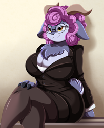 Size: 2850x3509 | Tagged: safe, artist:pridark, absa (rivals of aether), bovid, goat, mammal, anthro, rivals of aether, big breasts, bottomwear, breasts, butt, cleavage, clothes, crossed legs, female, glasses, hand on leg, high res, horns, meganekko, patreon reward, round glasses, sitting, skirt, skirt suit, smiling, solo, solo female, tail, thick, tight clothing, tube skirt
