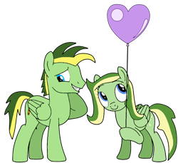 Size: 1024x936 | Tagged: safe, artist:didgereethebrony, artist:katnekobase, oc, oc only, oc:boomerang beauty, oc:didgeree, equine, fictional species, mammal, pegasus, pony, feral, friendship is magic, hasbro, my little pony, 2021, balloon, base used, brother, brother and sister, duo, feathered wings, feathers, female, heart, male, mare, siblings, simple background, sister, smiling, stallion, tail, transparent background, wings