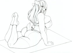 Size: 2406x1748 | Tagged: safe, artist:longinius, cervid, deer, mammal, anthro, big butt, breasts, butt, female, huge breasts, looking at you, looking back, looking back at you, solo, solo female, sweat, yoga