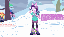 Size: 3300x1908 | Tagged: artist needed, safe, spike (mlp), starlight glimmer (mlp), sunset shimmer (mlp), trixie (mlp), canine, dog, human, mammal, feral, equestria girls, friendship is magic, hasbro, my little pony, blushing, clothes, female, male, scarf, sci-twi (mlp), snow, sparlight (mlp), text, tree, winter, winter outfit
