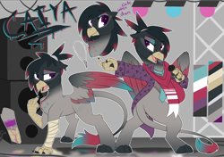 Size: 1890x1328 | Tagged: safe, artist:beardie, oc, oc:caiya, bird, feline, fictional species, gryphon, mammal, feral, bandage, blood, claws, clothes, female, injury, jewelry, microphone, necklace, paws, purple eyes, reference sheet, scar, scarf, solo, solo female, talons