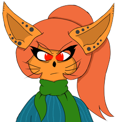 Size: 2500x2634 | Tagged: safe, artist:akscythe, feline, mammal, anthro, clothes, ear piercing, hair, high res, piercing, ponytail, red eyes, scarf, sweater, topwear, whiskers